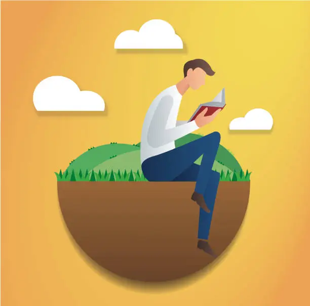 Vector illustration of man sitting in the park and reading book vector illustration