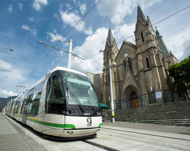 The Medellín tramway is a means of transportation for rail, urban and electric passengers that operates in Medellin. Medellin, Antioquia / Colombia - July 08, 2019. The Medellín tramway is a means of rail transportation, urban electric passenger and operates in the city of Medellín. metro medellin stock pictures, royalty-free photos & images