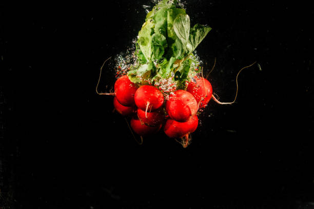 istock Large bunch of radish splashes water falling in aquarium 1160963260