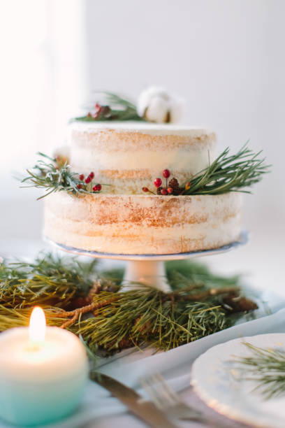 istock 2 tier rustic wedding cake decorated with pine, berries and cotton flower on the wedding table with decor, plates and candles 1160963685
