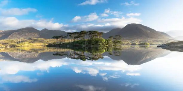 Early morning panorama at Pine Island in Derryclare Lough which is located about 20 km (12 mi) east of Clifden, Connemara, on the N59 Galway Road. The majestic Twelve Bens mountain range lies to the north of the lake.