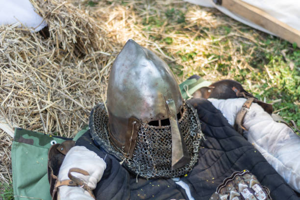 istock Medieval metal helmet on the floor 1160965528