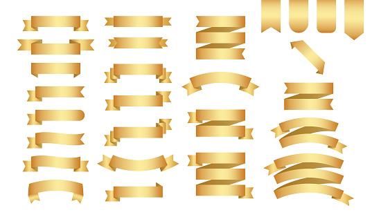 Flat vector ribbons banners flat isolated on white background, Illustration set of gold tape