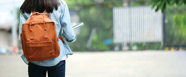 Back of university student with backpack while going to college by walking from street, teenager in campus, education concept