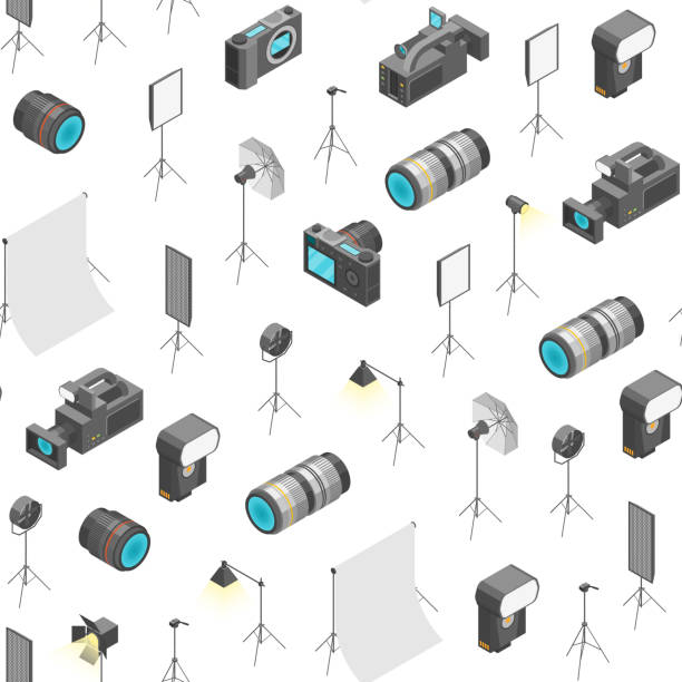 Photo Studio Equipment Signs 3d Seamless Pattern Background Isometric View. Vector Photo Studio Equipment Signs 3d Seamless Pattern Background on a White Isometric View Include of Camera and Flash. Vector illustration of Icon tripod vector stock illustrations