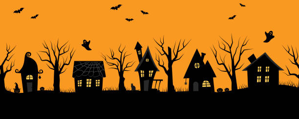 Halloween houses. Creepy village. Seamless border Halloween houses. Creepy village. Seamless border. Black silhouettes of houses and trees on an orange background. There are also bats, ghosts, pumpkins and the cat in the picture. Vector illustration yellow spider stock illustrations