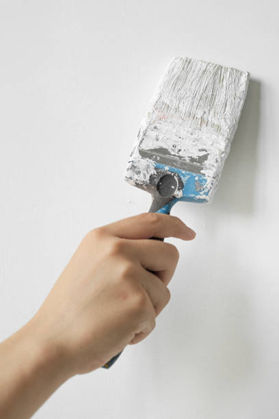 istock Womans hand holding paintbrush paint white color on wall 1160974497