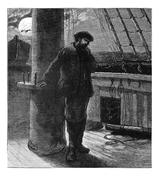 ilustrações, clipart, desenhos animados e ícones de ilustração antiga-marinheiro que está pelo mastro do navio na noite - antique engraved image moonlight night