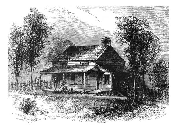 Antique illustration - Edgar Allan Poe - cottage From Harper's magazine - 1872 edgar allan poe stock illustrations
