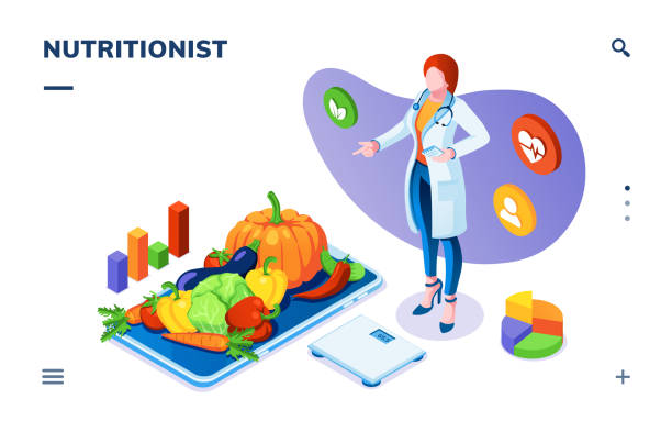 ilustrações de stock, clip art, desenhos animados e ícones de dietician or nutritionist with vegetables on plate and scales. isometric page for dieting, weight control application. vegetarian salad ingredients for healthy food, weight loss plan, calorie checking - dieting overweight weight scale healthcare and medicine