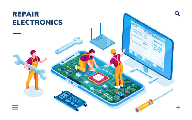 Isometric page for electronics repair service. Worker with wrench and serviceman repairing smartphone board, technician doing cellular phone data restoration. Maintenance center application,fixing app Isometric page for electronics repair service. Worker with wrench and serviceman repairing smartphone board, technician doing cellular phone data restoration. Maintenance center application,fixing app service occupation stock illustrations