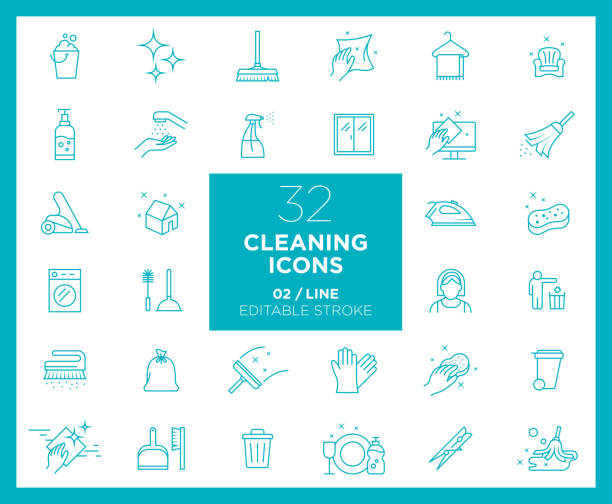 Set of Cleaning icons in line Set of Cleaning icons in line bucket and sponge stock illustrations