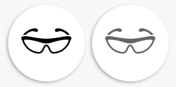 Cycling Sunglasses Black and White Round Icon Cycling Sunglasses Black and White Round Icon. This 100% royalty free vector illustration is featuring a round button with a drop shadow and the main icon is depicted in black and in grey for a roll-over effect. protective eyewear stock illustrations