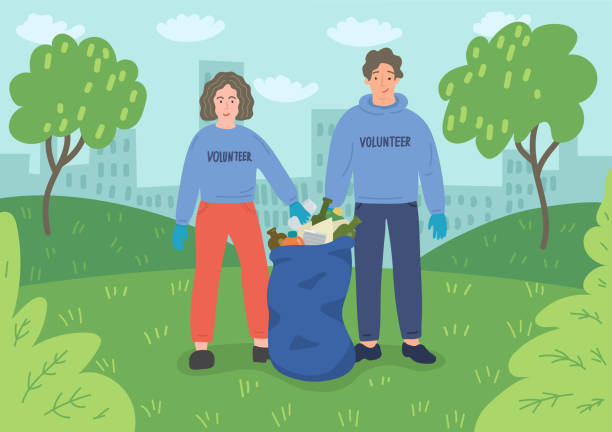 ilustrações, clipart, desenhos animados e ícones de voluntários dos jovens que limpam o parque da cidade - mulher catando lixo