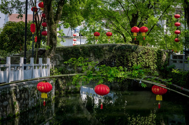 istock The red Chinese lantern is located on the green tree, 1160981003