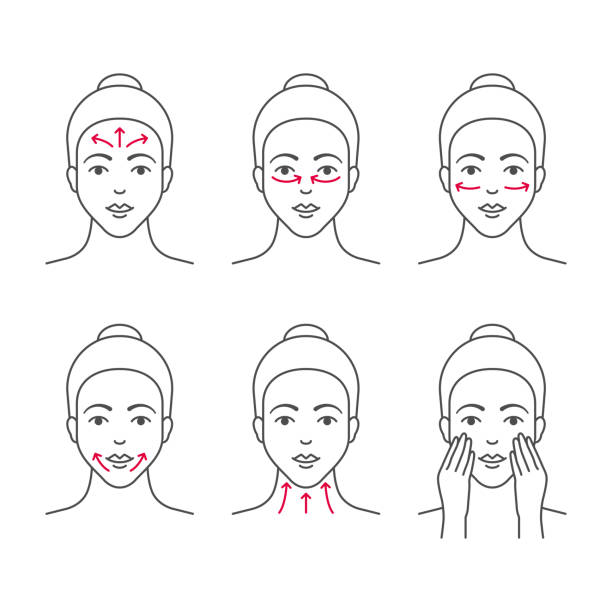 ilustraciones, imágenes clip art, dibujos animados e iconos de stock de masaje facial perfila iconos vectoriales - facial massage human face women beauty