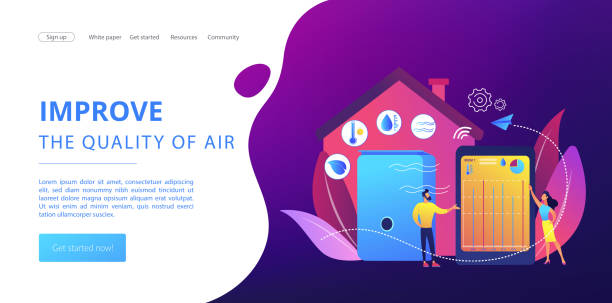 ilustraciones, imágenes clip art, dibujos animados e iconos de stock de página de destino del concepto de monitor de calidad del aire - air quality
