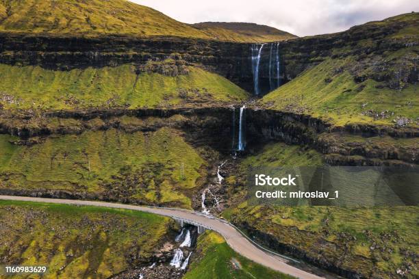Aerial View Of The Fossa Waterfall On Island Bordoy In The Faroe Islands Stock Photo - Download Image Now