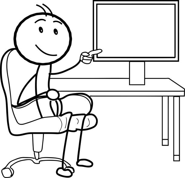 빈 컴퓨터 화면 디스플레이에서 가리키는 남자의 벡터 스틱 남자 만화 - office chair chair furniture scribble stock illustrations