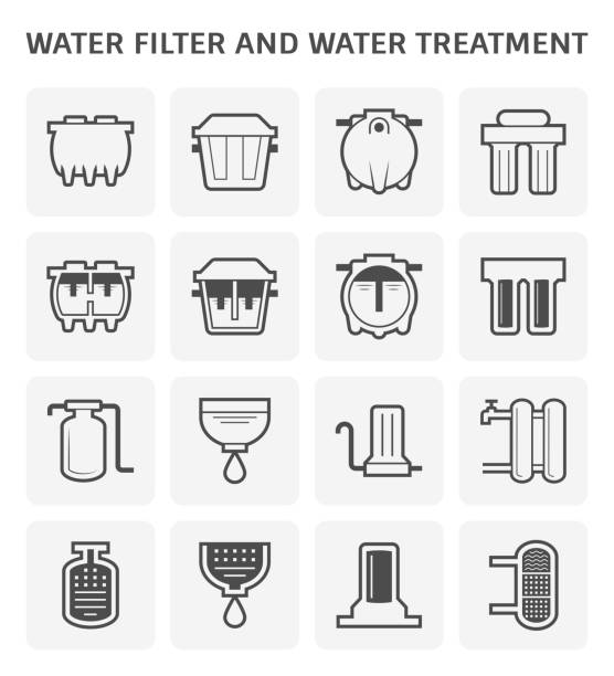 water filter icon Water filter and water treatment equipment vector icon set design for water treatmenr industrial design. water filter stock illustrations