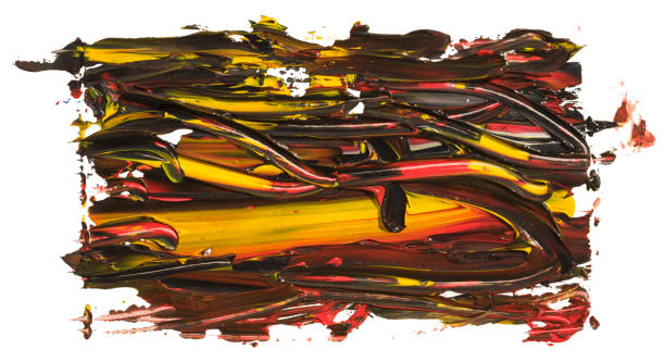 istock Black with red and yellow, rectangular oil brush stroke. Abstract varnish splash trace shape. Glossy oil paint smear on white background. 1160987121