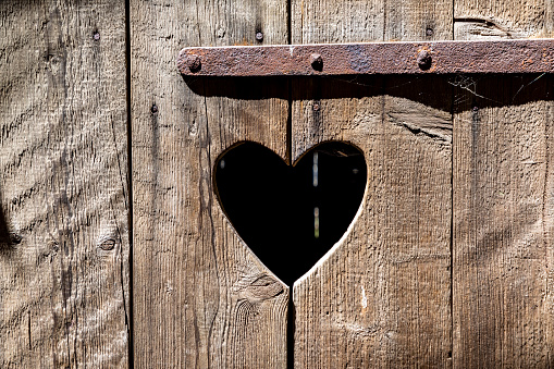 heart shape at an old wooden door of a toilet in Germany