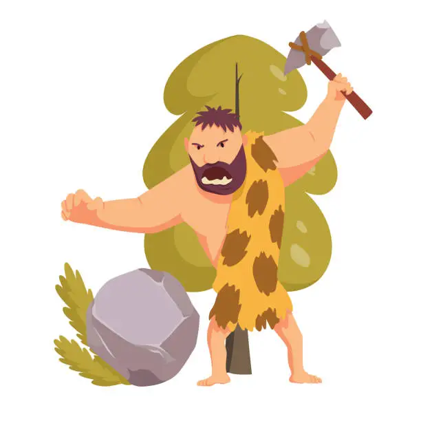 Vector illustration of Stone age primitive man with stone hammer. Flat style vector illustration isolated on white background. Angry Caveman Cartoon Character