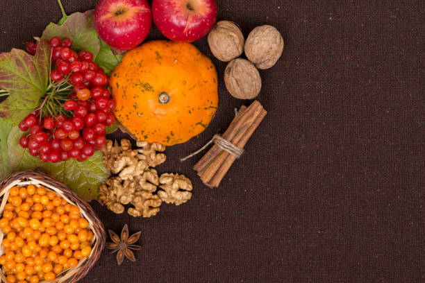 Berries and leaves of viburnum, sea buckthorn, pumpkin, walnuts, red apples, cinnamon and anise on a brown fabric background, top view. Copy save, Flat Lay