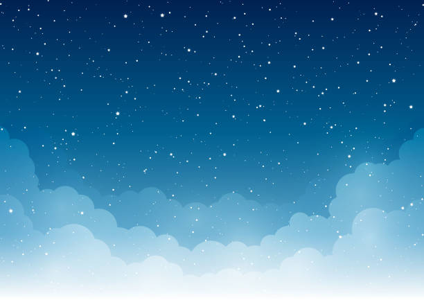 nocne gwiaździste niebo z jasnymi białymi chmurami - snow stock illustrations