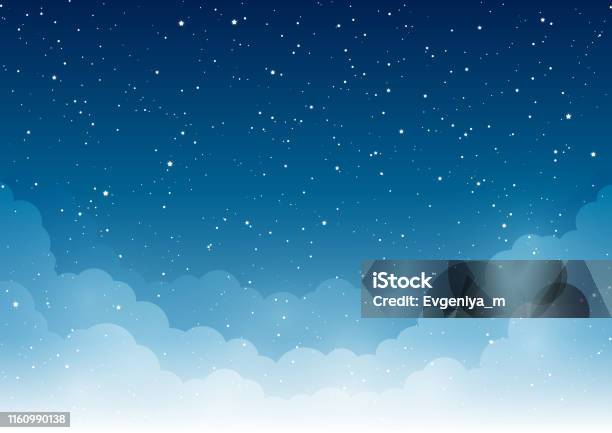 Nocne Gwiaździste Niebo Z Jasnymi Białymi Chmurami - Stockowe grafiki wektorowe i więcej obrazów Niebo - Zjawisko naturalne - Niebo - Zjawisko naturalne, Noc, Gwiazda - Kosmos