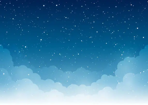Vector illustration of Night starry sky with light white clouds