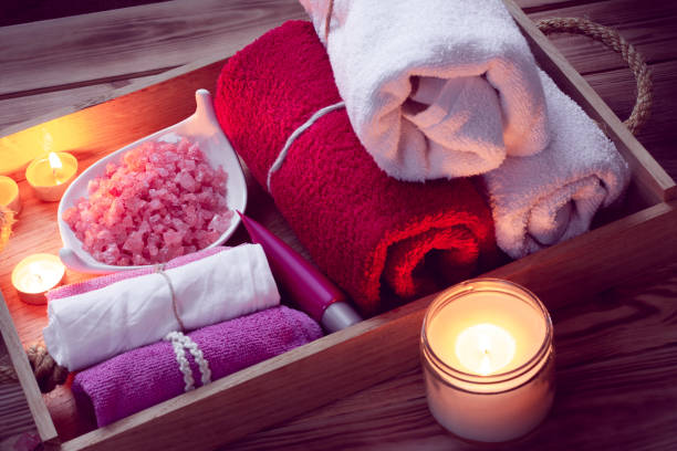 istock set of bathhouse accessories for SPA in Low-key lighting 1160990484