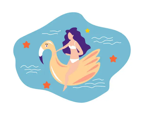 Vector illustration of Girl in a swimsuit sits on an inflatable  flamingo in the pool. Summer concept.