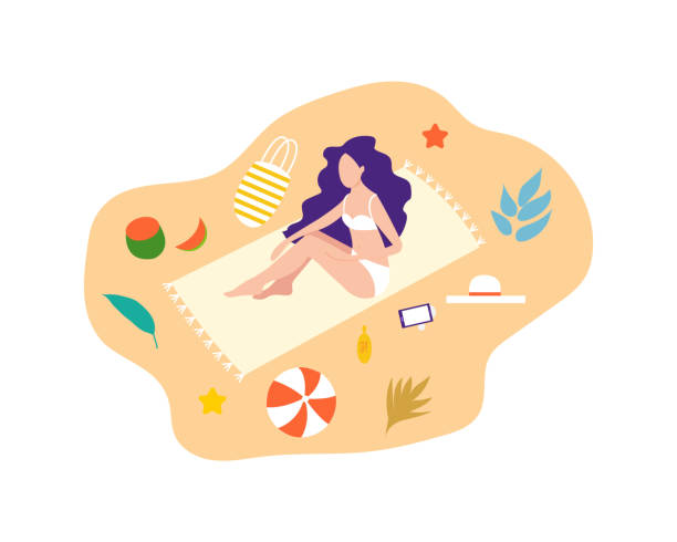 ilustrações, clipart, desenhos animados e ícones de menina que encontra-se na praia em um sweemsuit. as meninas relaxam na praia. - sex symbol female women cartoon