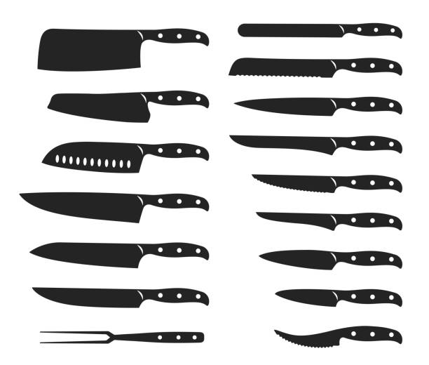 ilustraciones, imágenes clip art, dibujos animados e iconos de stock de conjunto de iconos de cuchillo, instrumento de corte de utensilios de cocina - cuchillo