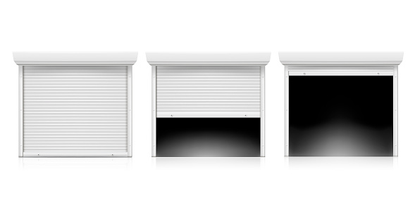 Roller shutter door set, coiling door for security. Metallic industrial frame. Vector flat illustration on white background