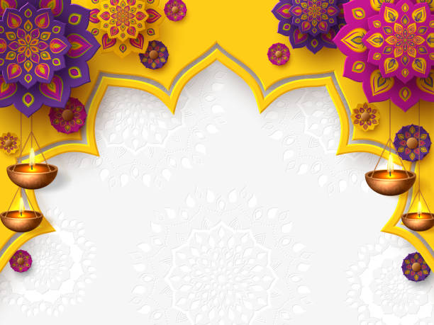 Diwali festival holiday design. Diwali festival of lights holiday design with paper cut style of Indian Rangoli and hanging diya - oil lamp. Place for text. Vector illustration. deepavali stock illustrations