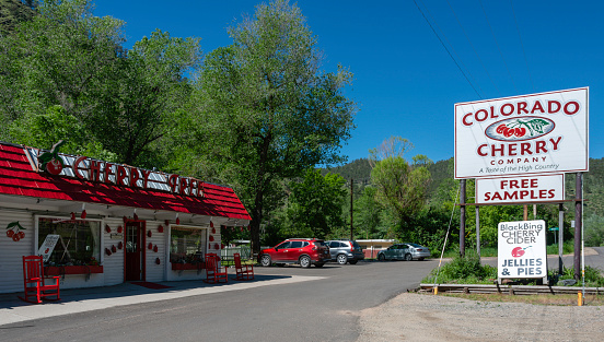The original Colorado Cherry Company store located in the Big Thompson Canyon outside of Loveland, Colorado. It's a popular shop among tourists and offers many locally produced foods (especially cherry related) among other things.