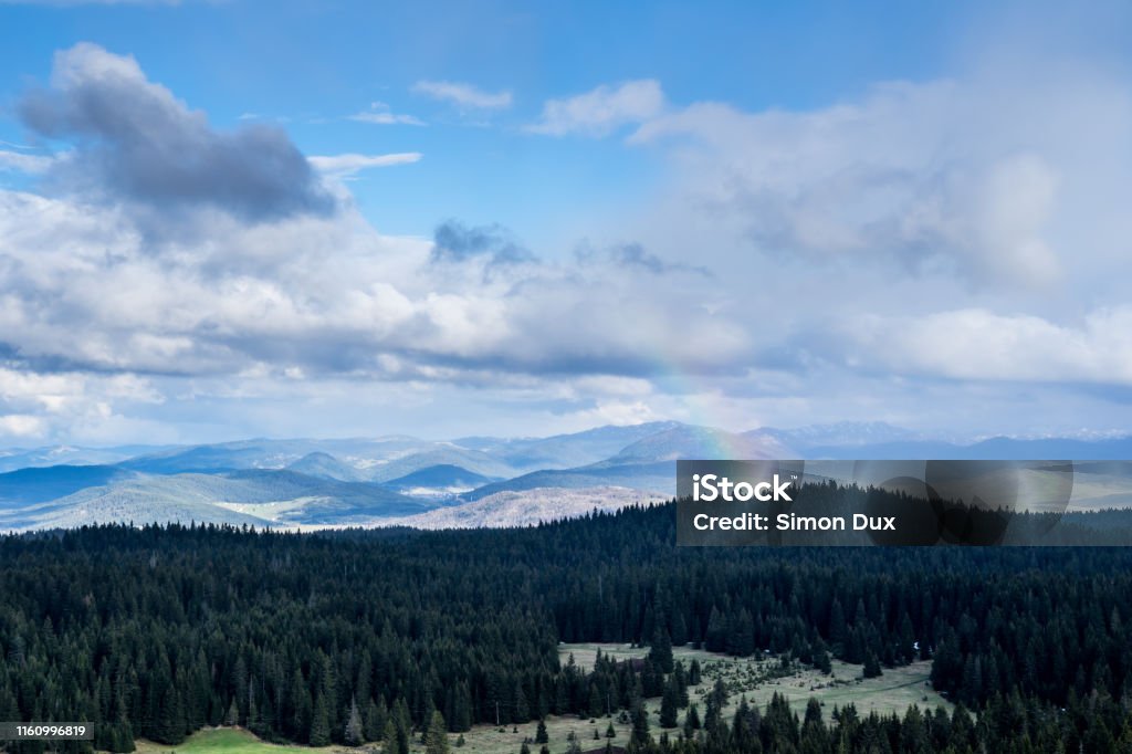 Montenegro, Colorful rainbow over black conifers of alpine forest on highlands of durmitor national park nature landscape at dawn from mountain top of curevac near zabljak Alpine climate Stock Photo