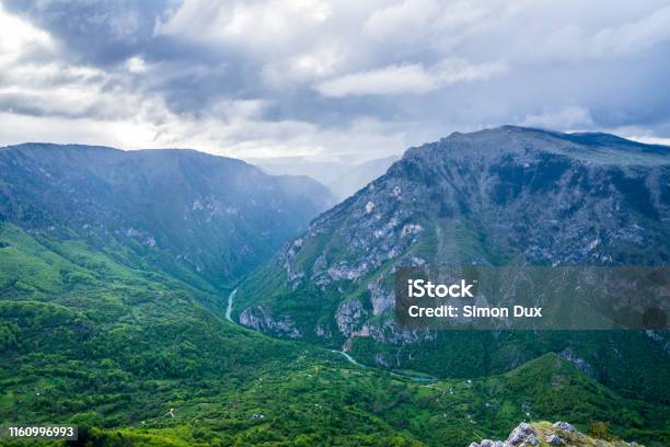 Montenegro Above Green Forested Nature Landscape Of Spectacular Tara River Canyon From Peak Of Mountain Curevac At Dawn After Rain In Durmitor National Park Near Zabljak Stock Photo - Download Image Now