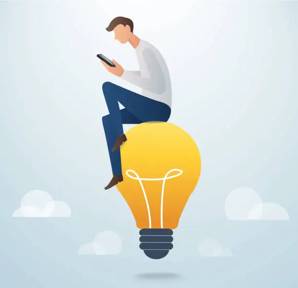 Vector illustration of man holding smart phone sitting on light bulb, creative concept vector illustration