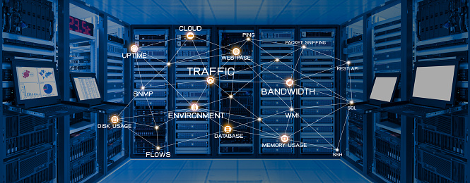 Network monitoring concept, connection monitoring services icon on data center room