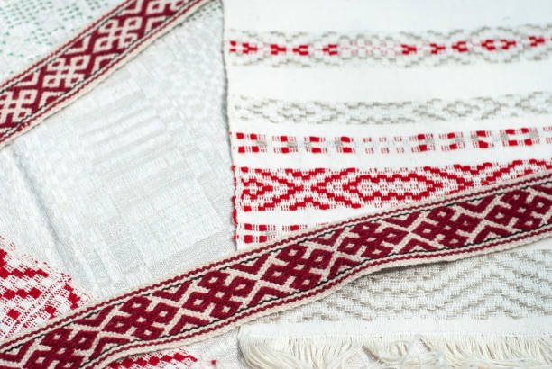 istock Belarusian towels with traditional ornament, embroidery with red pattern , top view, 1160997831