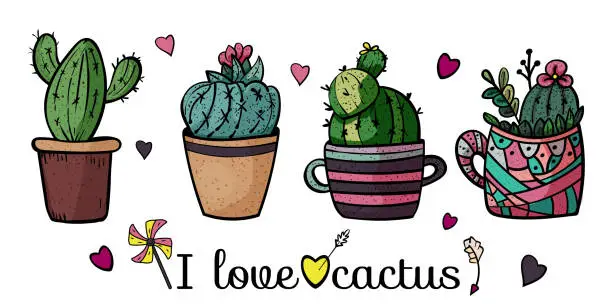 Vector illustration of Four cute cacti in a pot. I love cactus. Banner for any design. - Vector.