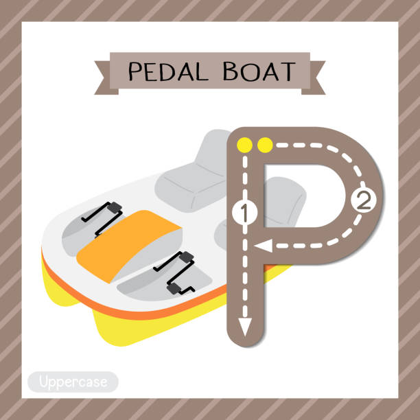 Letter P uppercase tracing. Pedal Boat Letter P uppercase cute children colorful transportations ABC alphabet tracing flashcard of Pedal Boat for kids learning English vocabulary and handwriting Vector Illustration. paddleboat stock illustrations