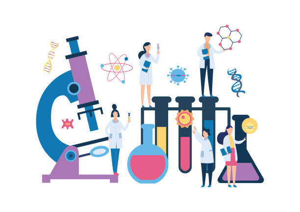 그룹 생물학 과학자 사람들과 거대한 실험실 장비 평면 만화 스타일 - 현미경 일러스트 stock illustrations
