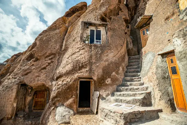 close up view on courtyard and interior of traditional Iranian ancient cave village of troglodyte in Kandovan in East Azerbaijan Province. Iran. near Tabriz city. looks like village in Turkey
