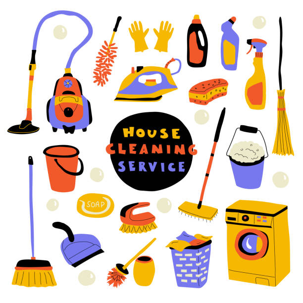 Cleaning service, cute doodle set with lettering. Funny cartoon housecleaning. Hand drawn vector illustration. Cleaning service, cute doodle set with lettering. Funny cartoon housecleaning. Hand drawn vector flat illustration, isolated on white. cleaning drawings stock illustrations