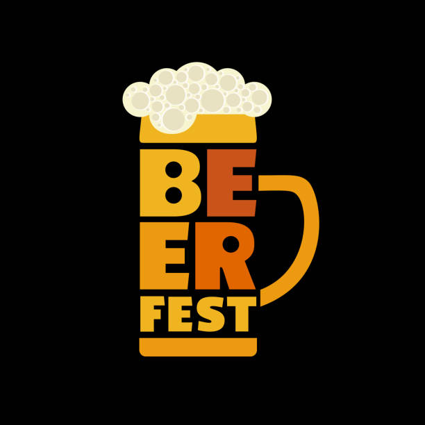 Beer fest hand drawn flat color vector lettering Beer fest hand drawn flat color vector icon. Beer festival typographic fancy letters design element. Beer mug sign isolated on black background. Fest invitation welcome template cartoon illustration beer garden stock illustrations