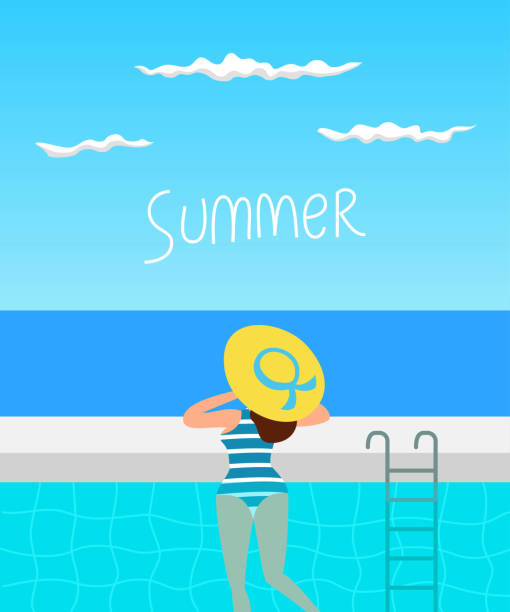 ilustraciones, imágenes clip art, dibujos animados e iconos de stock de piscina de verano con mujer. - infinity pool getting away from it all relaxation happiness